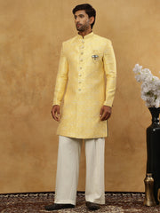 Jacquard Silk Embroidered Indo-Western Set ( 50JIND PJ11W 137Yellow )