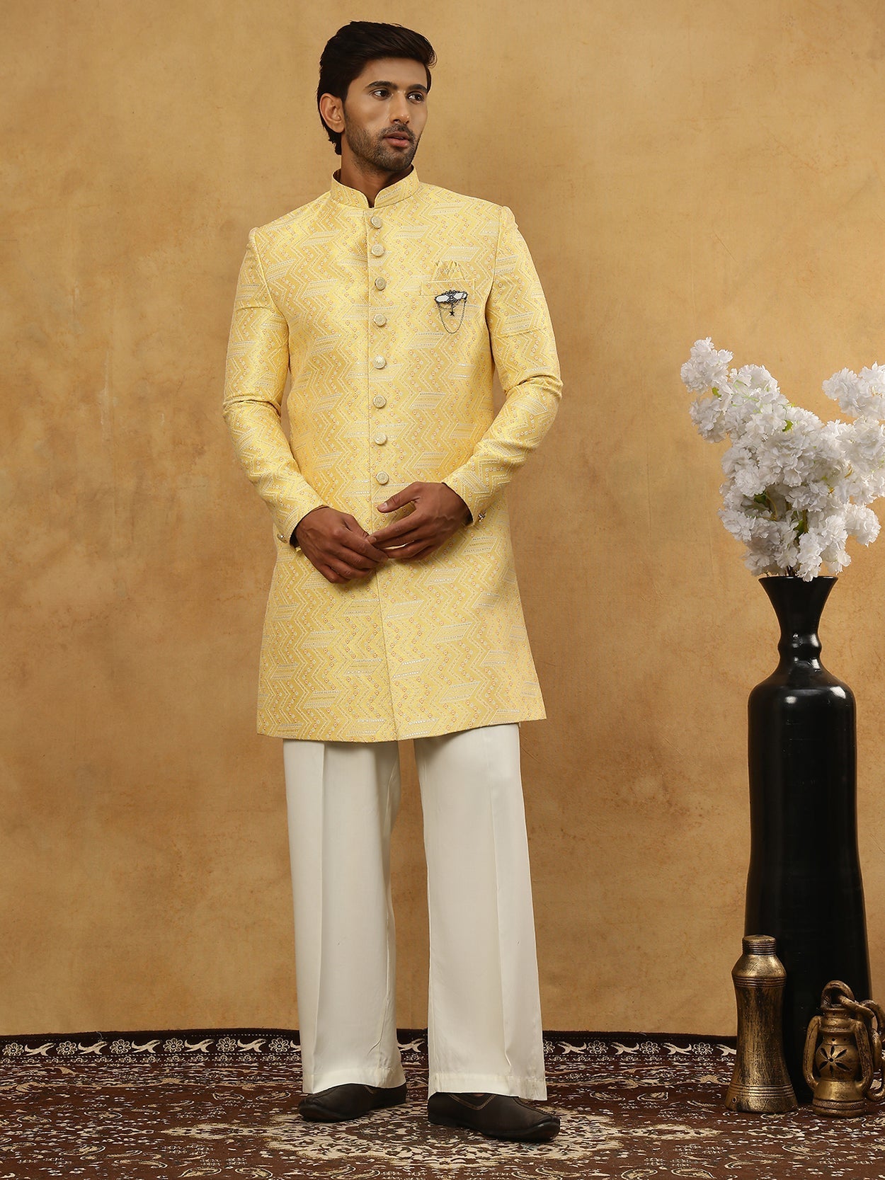 DesiQlo Men Embroidered Indo Western Set - Yellow - 50JIND_PJ11W_137Ye