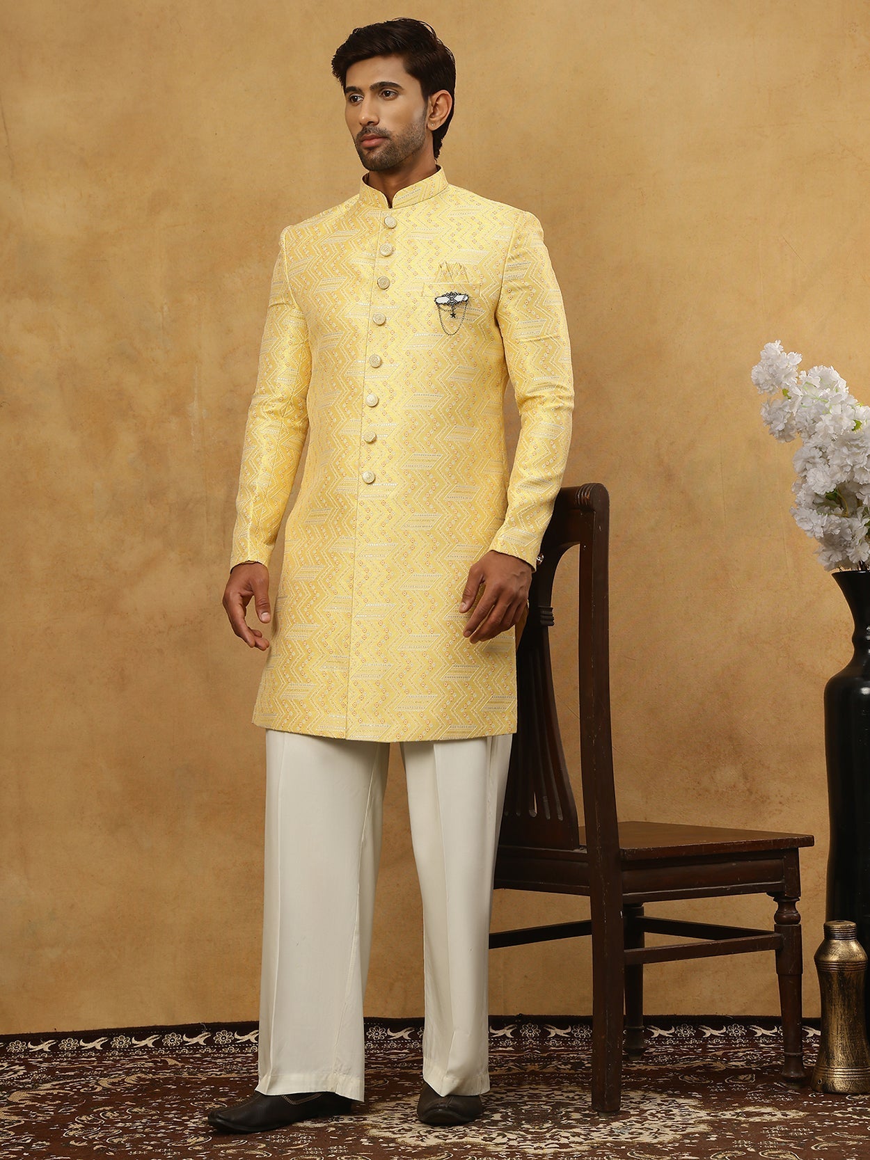 DesiQlo Men Embroidered Indo Western Set - Yellow - 50JIND_PJ11W_137Ye