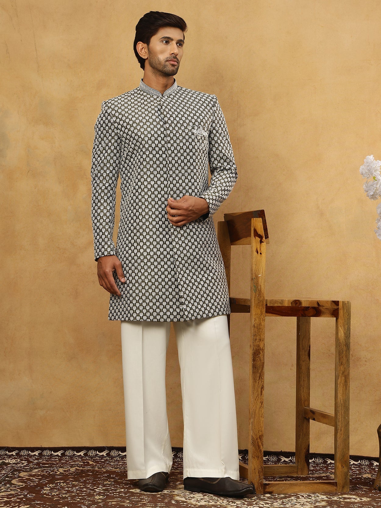 DesiQlo Men Embroidered Indo Western Set - Green - 50JIND_PJ11W_138Oli