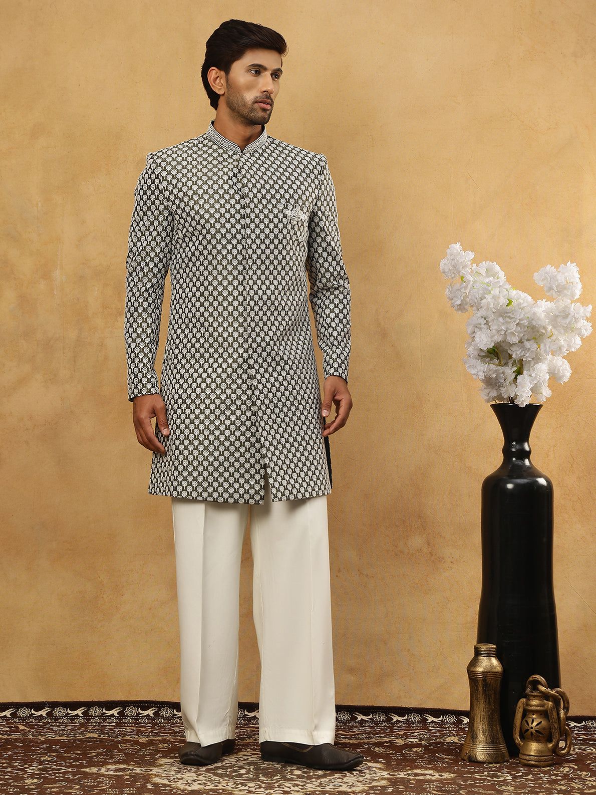 DesiQlo Men Embroidered Indo Western Set - Green - 50JIND_PJ11W_138Oli
