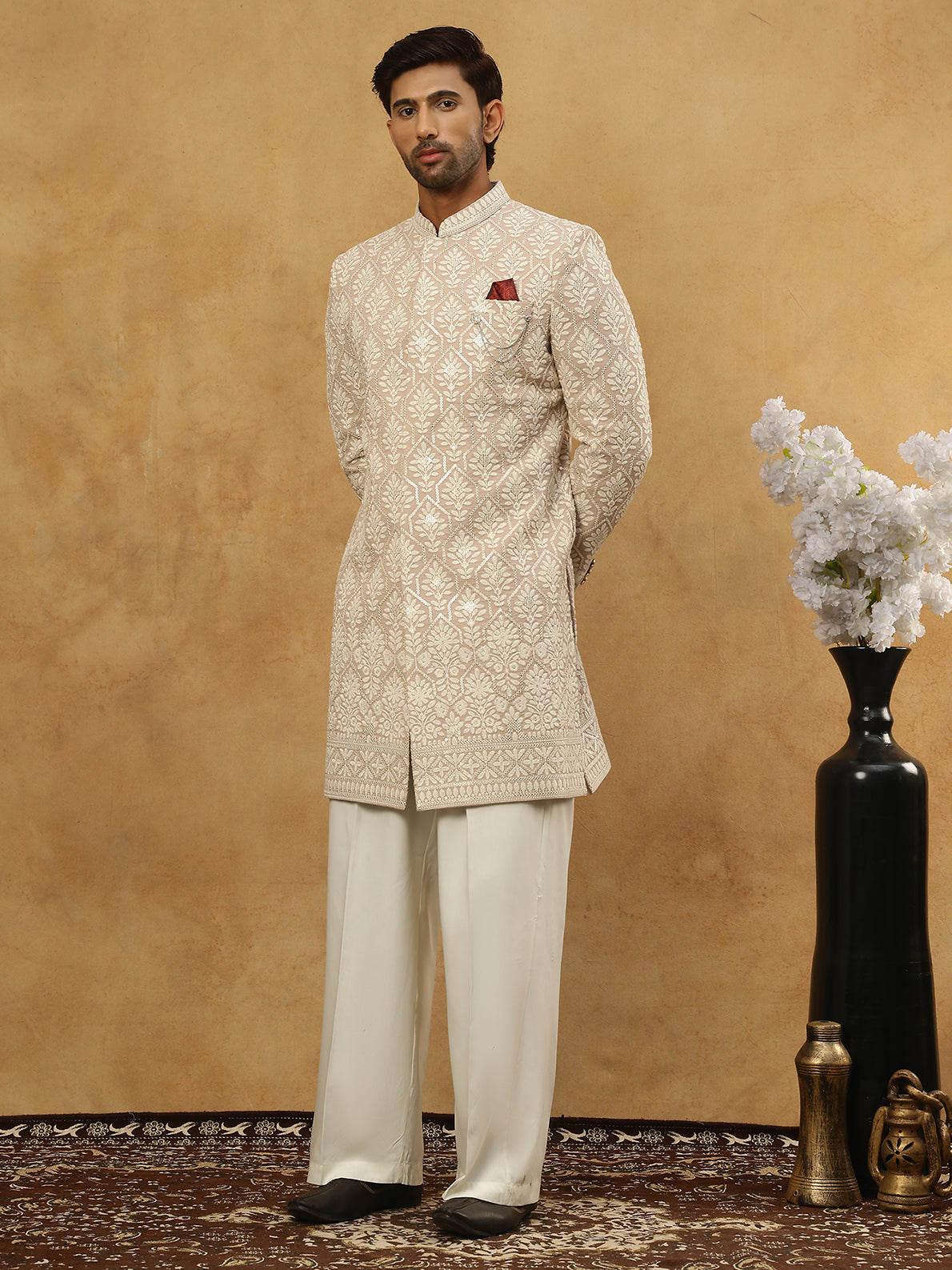 DesiQlo Men Embroidered Indo Western Set - Beige - 50JIND_PJ11W_149Bei