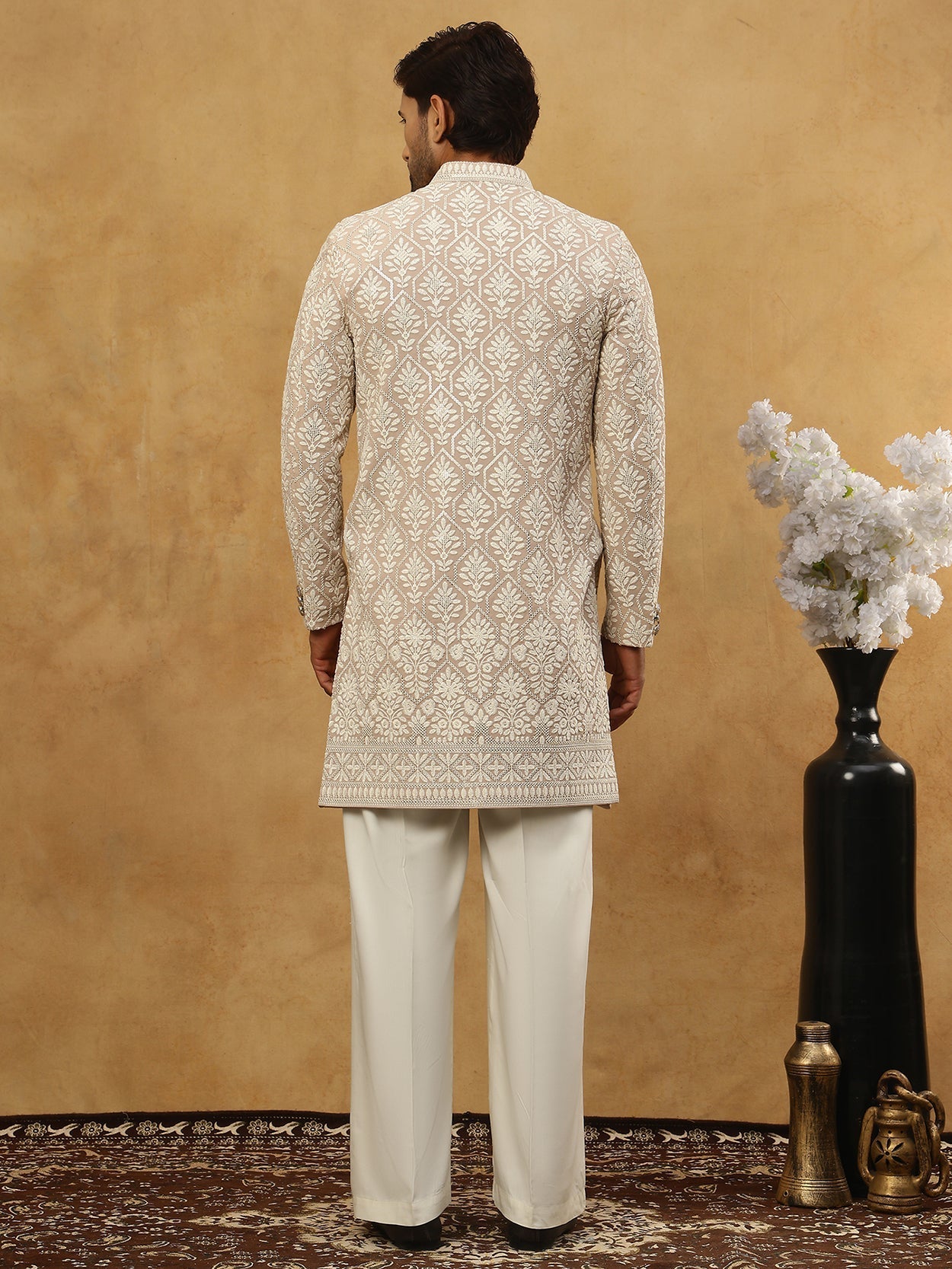 DesiQlo Men Embroidered Indo Western Set - Beige - 50JIND_PJ11W_149Bei