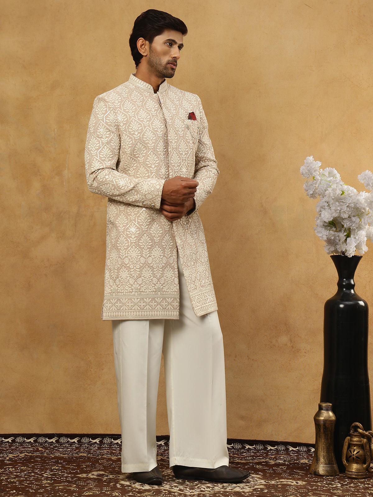 DesiQlo Men Embroidered Indo Western Set - Beige - 50JIND_PJ11W_149Bei