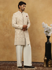 Cotton Blend Embroidered Indo-Western Set ( 50JIND PJ11W 149Beige )