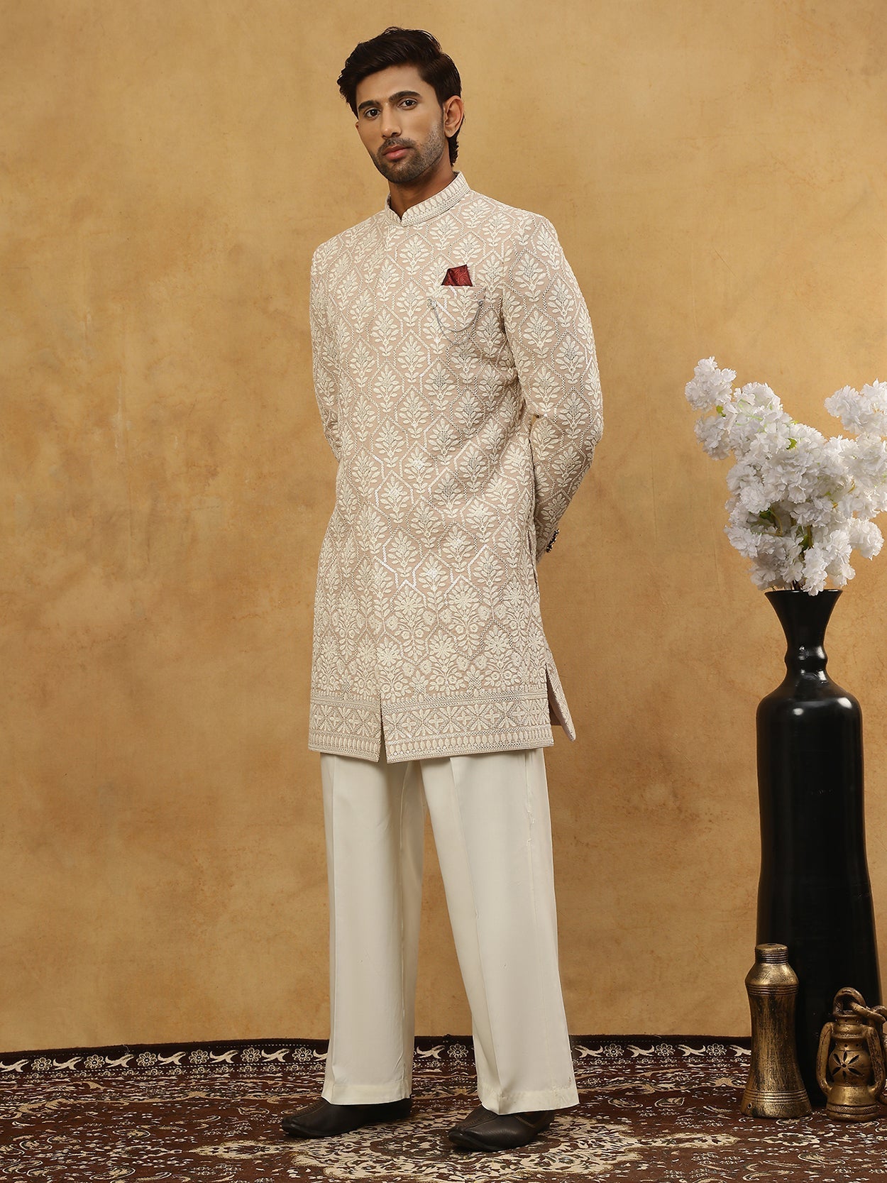 DesiQlo Men Embroidered Indo Western Set - Beige - 50JIND_PJ11W_149Bei