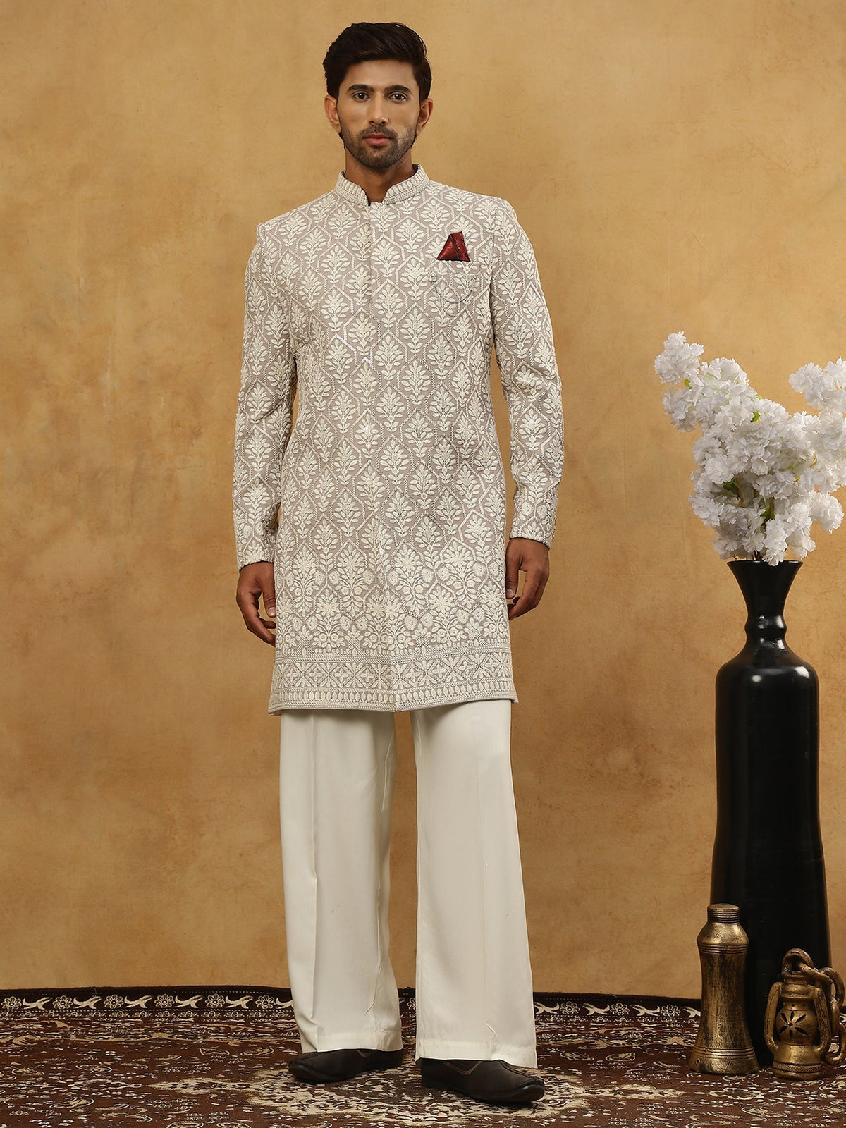 Cotton Blend Embroidered Indo-Western Set ( 50JIND PJ11W 149Grey )