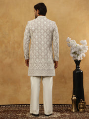 Cotton Blend Embroidered Indo-Western Set ( 50JIND PJ11W 149Grey )