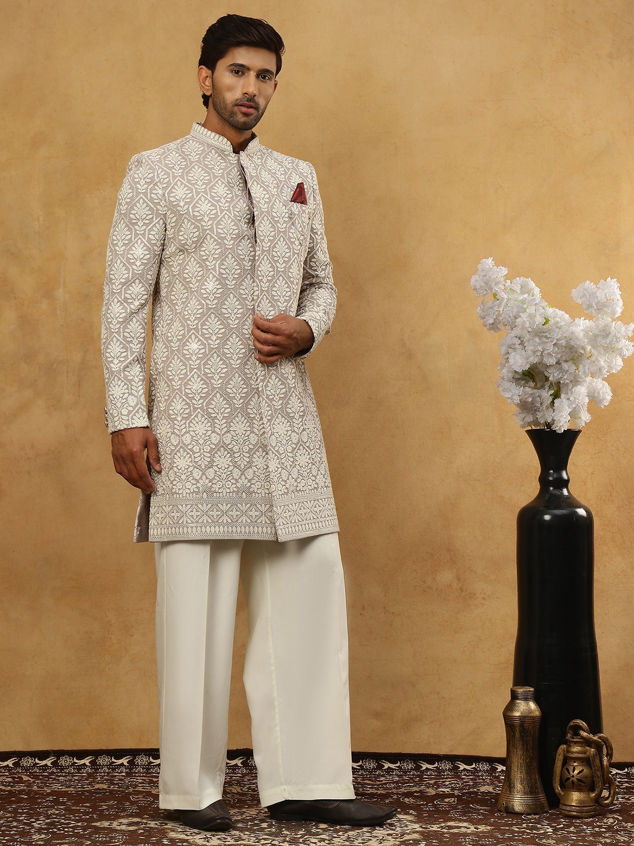 DesiQlo Men Embroidered Indo Western Set - Grey - 50JIND_PJ11W_149Grey