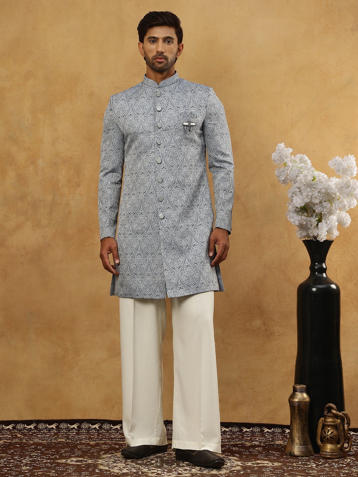 DesiQlo Men Self Design Indo Western Set - Grey - 50JIND_PJ11W_168Grey
