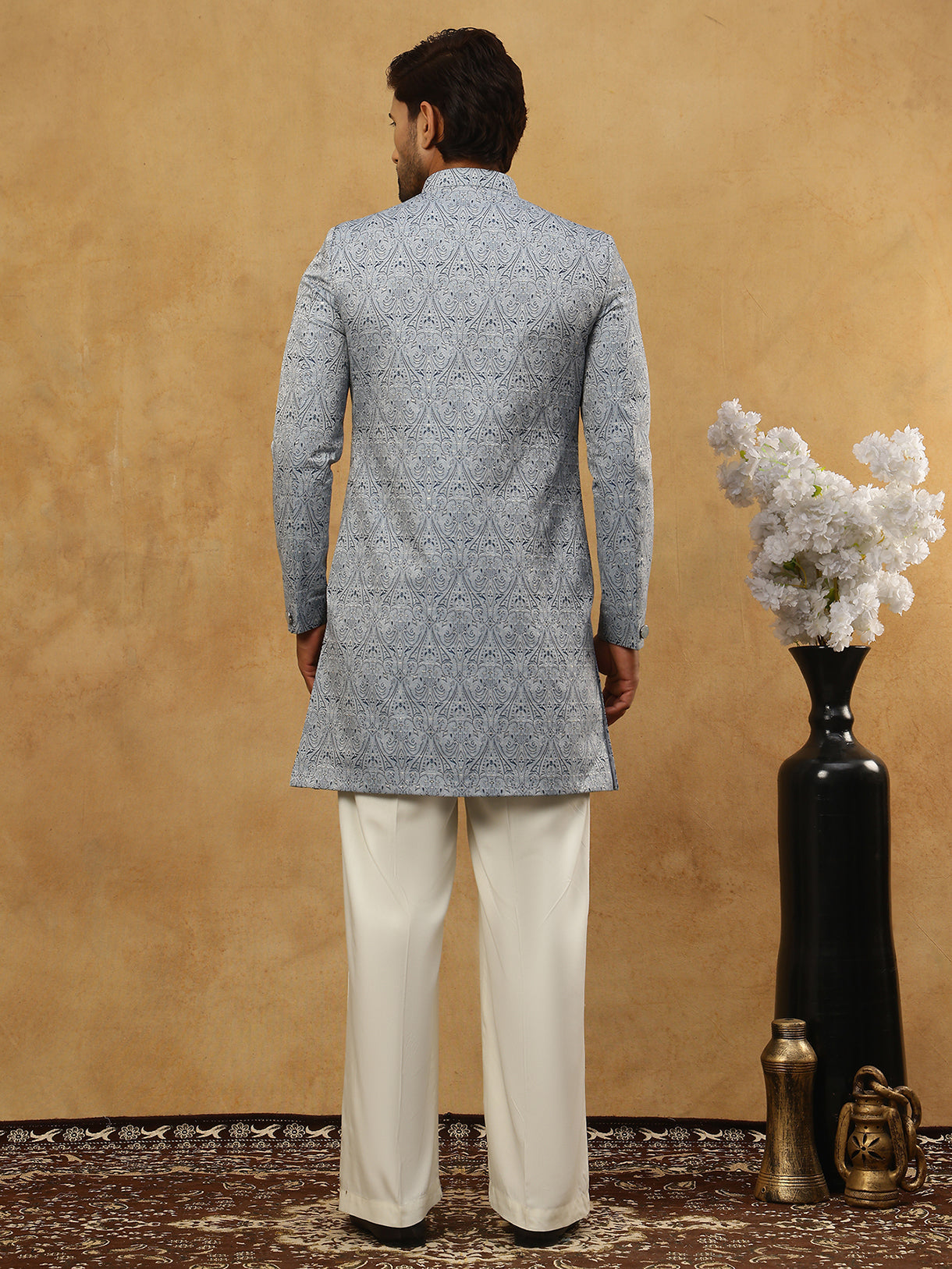 DesiQlo Men Self Design Indo Western Set - Grey - 50JIND_PJ11W_168Grey