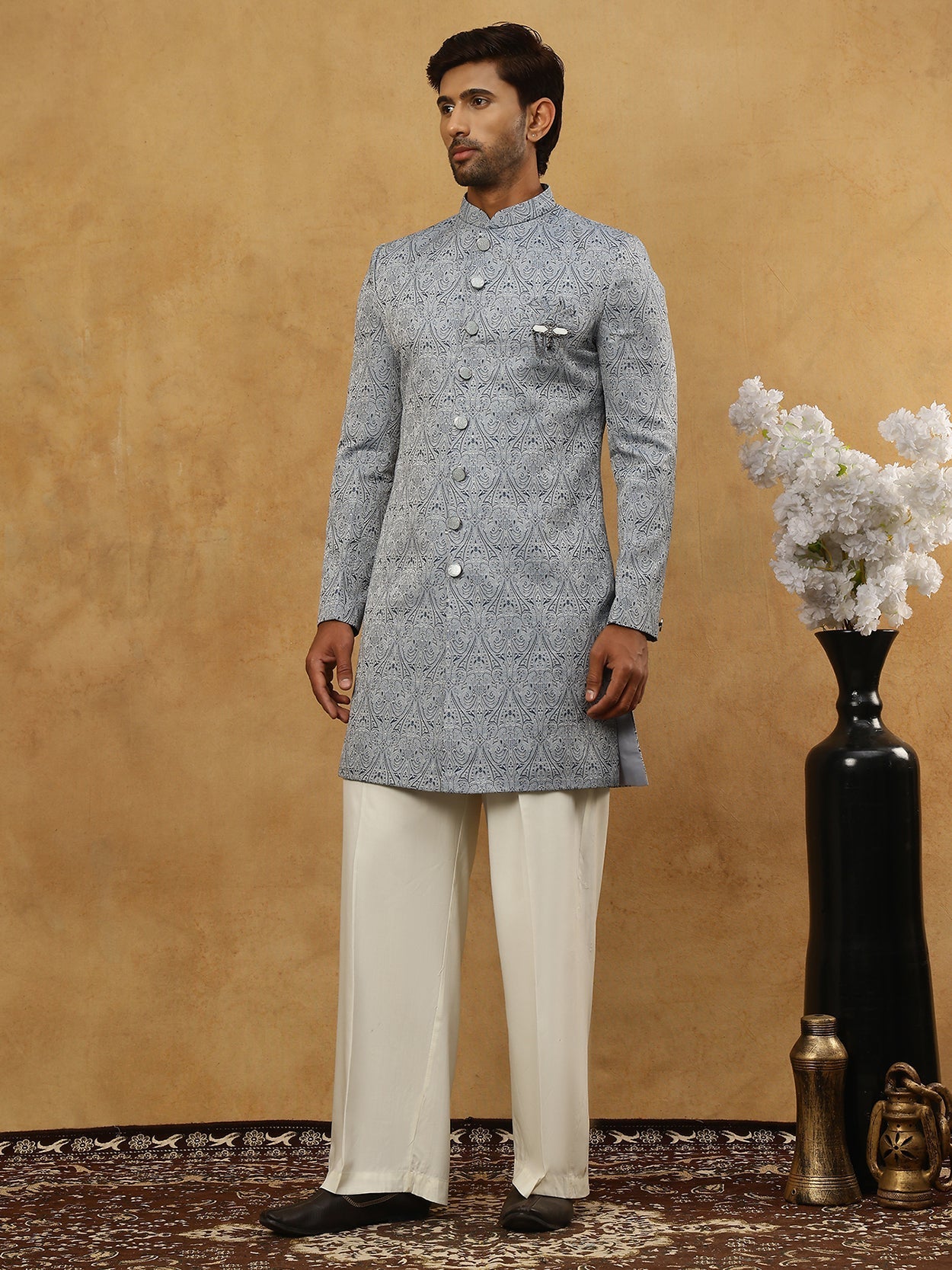 DesiQlo Men Self Design Indo Western Set - Grey - 50JIND_PJ11W_168Grey