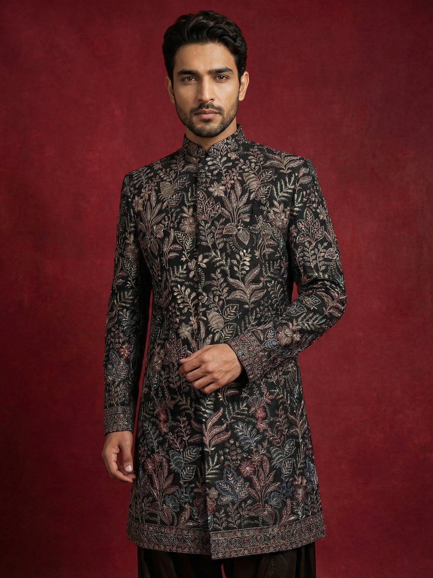 DesiQlo Men Embroidered Indo Western Set - Black - 50JIND_S7B_142Black