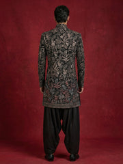 Embroidered Velvet Indo-Western Set for Men ( 50JIND S7B 142Black S )