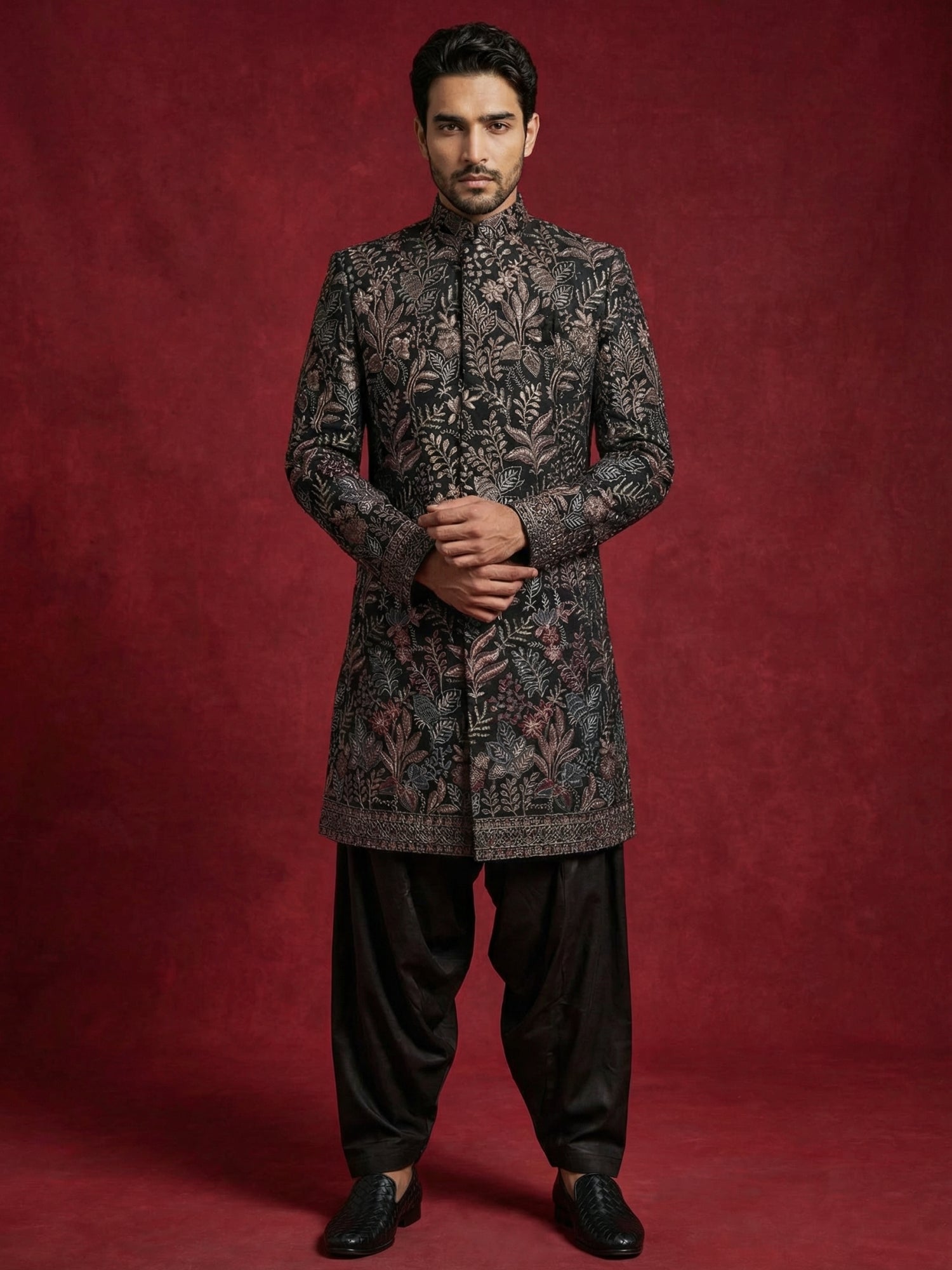 DesiQlo Men Embroidered Indo Western Set - Black - 50JIND_S7B_142Black