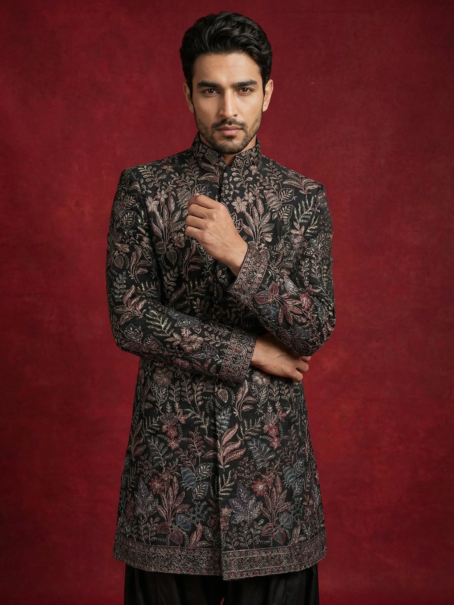 DesiQlo Men Embroidered Indo Western Set - Black - 50JIND_S7B_142Black