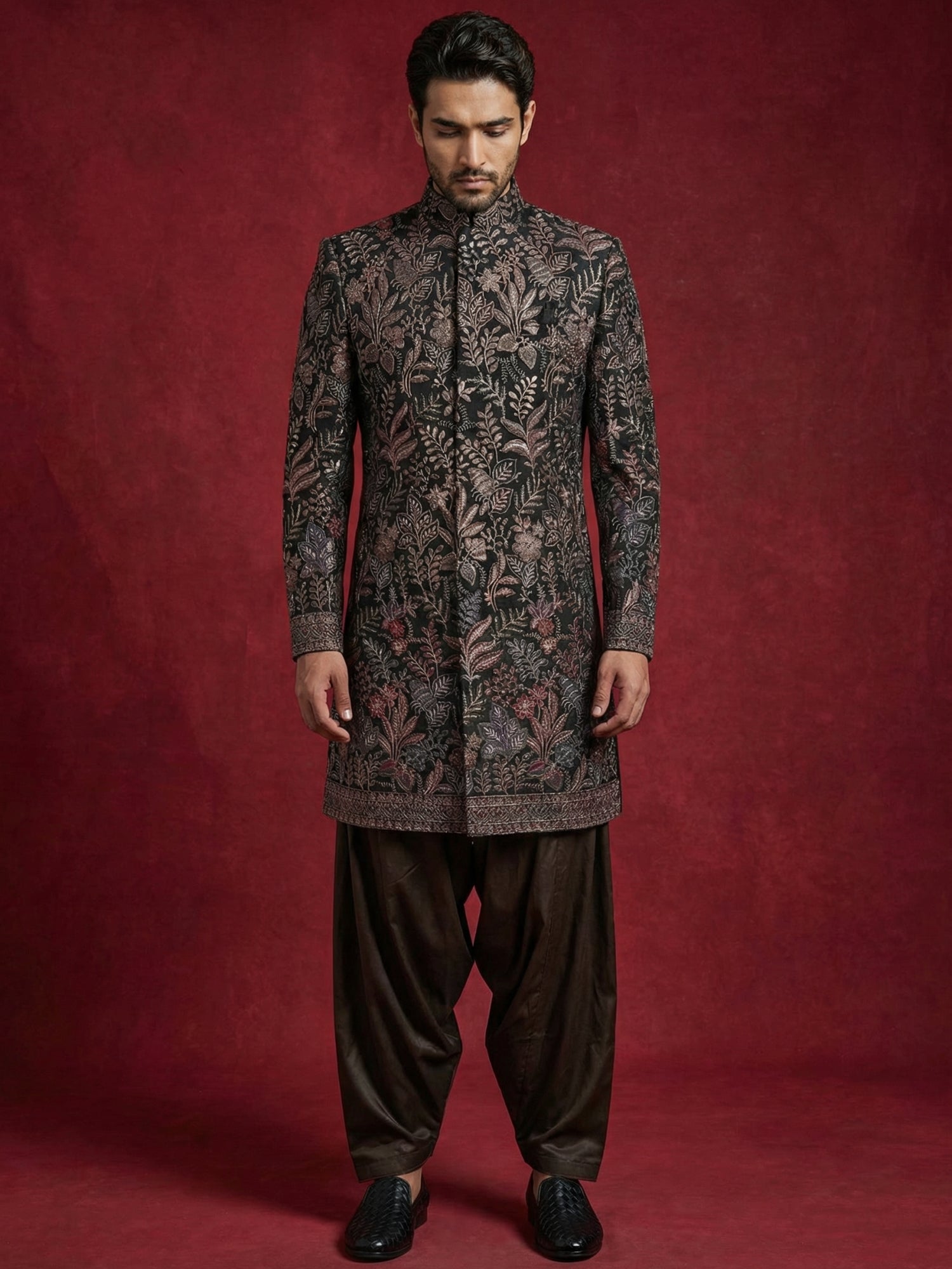 DesiQlo Men Embroidered Indo Western Set - Black - 50JIND_S7B_142Black
