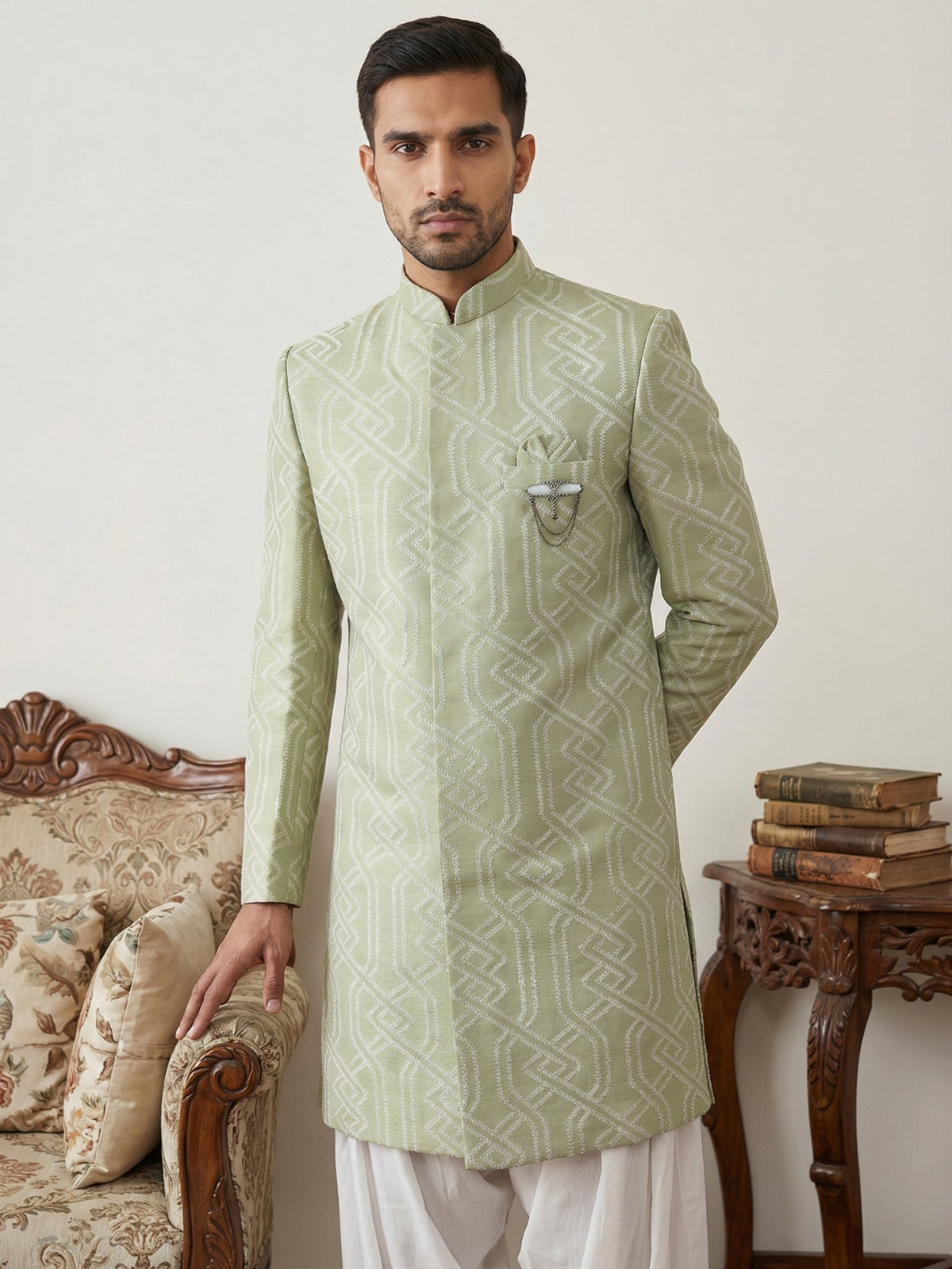 Embroidered Jacquard Silk Indo-Western Set ( 50JIND S7W 135Pista S )