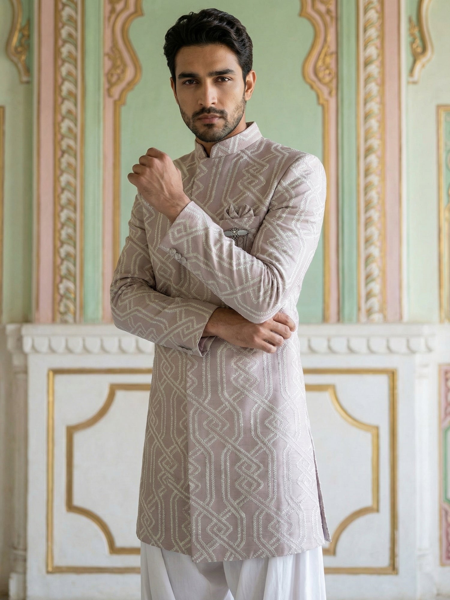 DesiQlo Men Embroidered Indo Western Set - Purple - 50JIND_S7W_135Purp