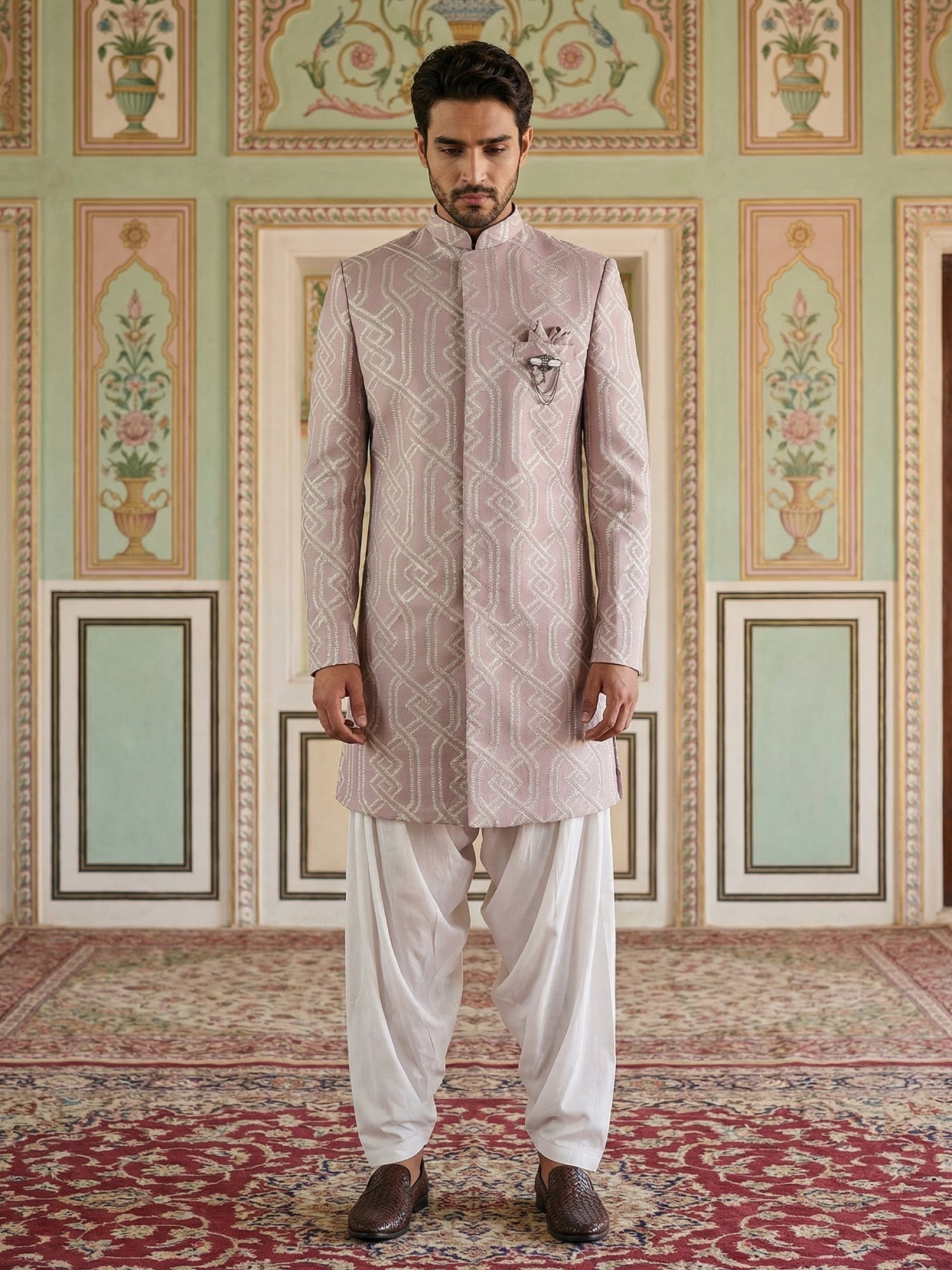 DesiQlo Men Embroidered Indo Western Set - Purple - 50JIND_S7W_135Purp