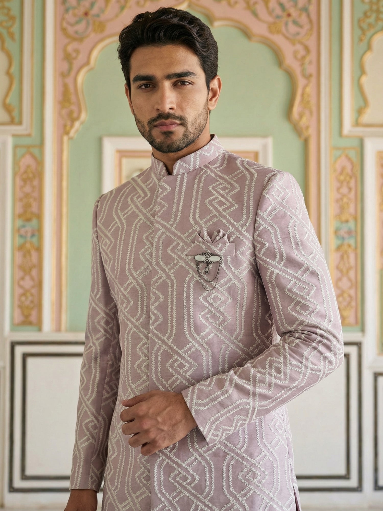DesiQlo Men Embroidered Indo Western Set - Purple - 50JIND_S7W_135Purp