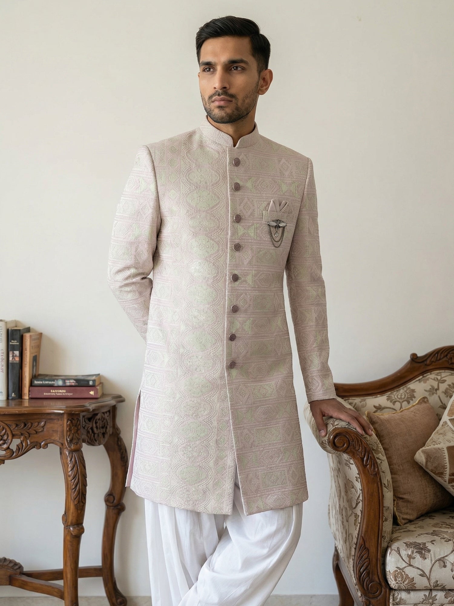 DesiQlo Men Embroidered Indo Western Set - Pink - 50JIND_S7W_136Pink_S