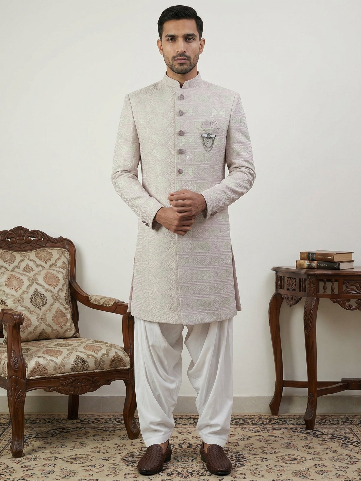 DesiQlo Men Embroidered Indo Western Set - Pink - 50JIND_S7W_136Pink_S