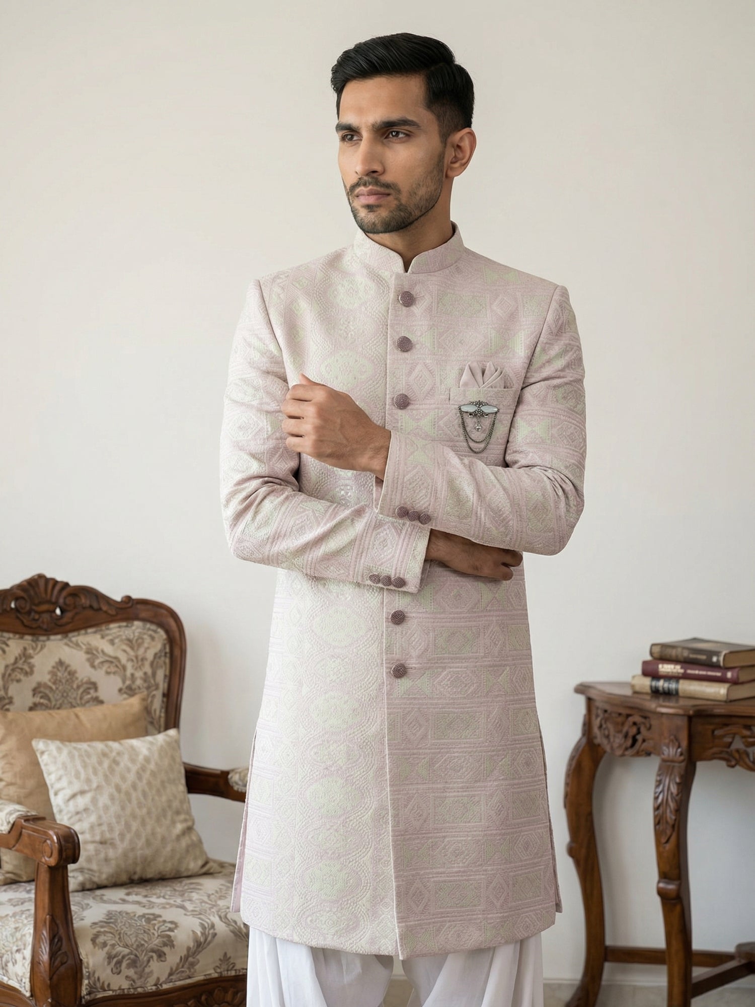 DesiQlo Men Embroidered Indo Western Set - Pink - 50JIND_S7W_136Pink_S