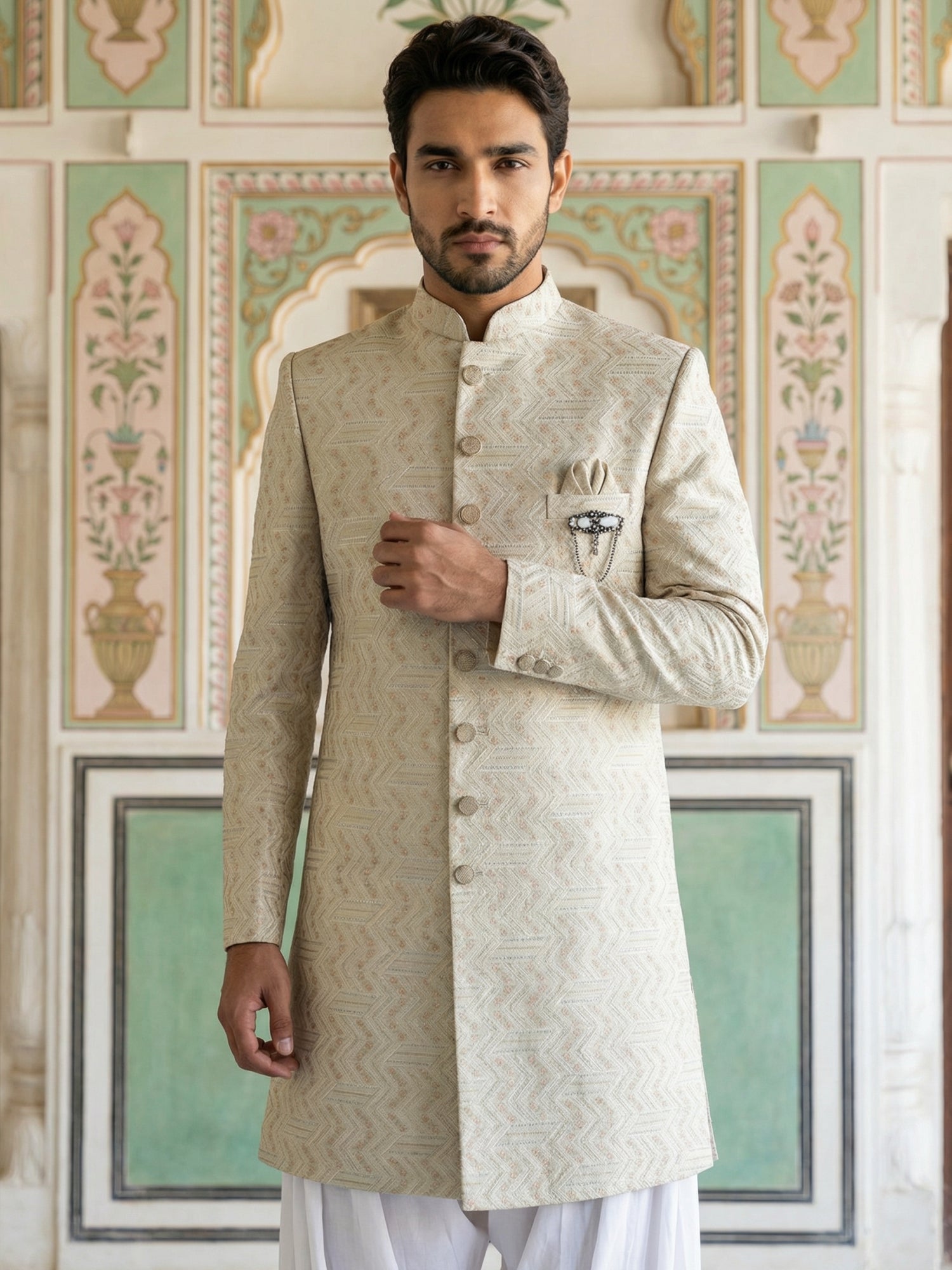 DesiQlo Men Embroidered Indo Western Set - Beige - 50JIND_S7W_137Cream