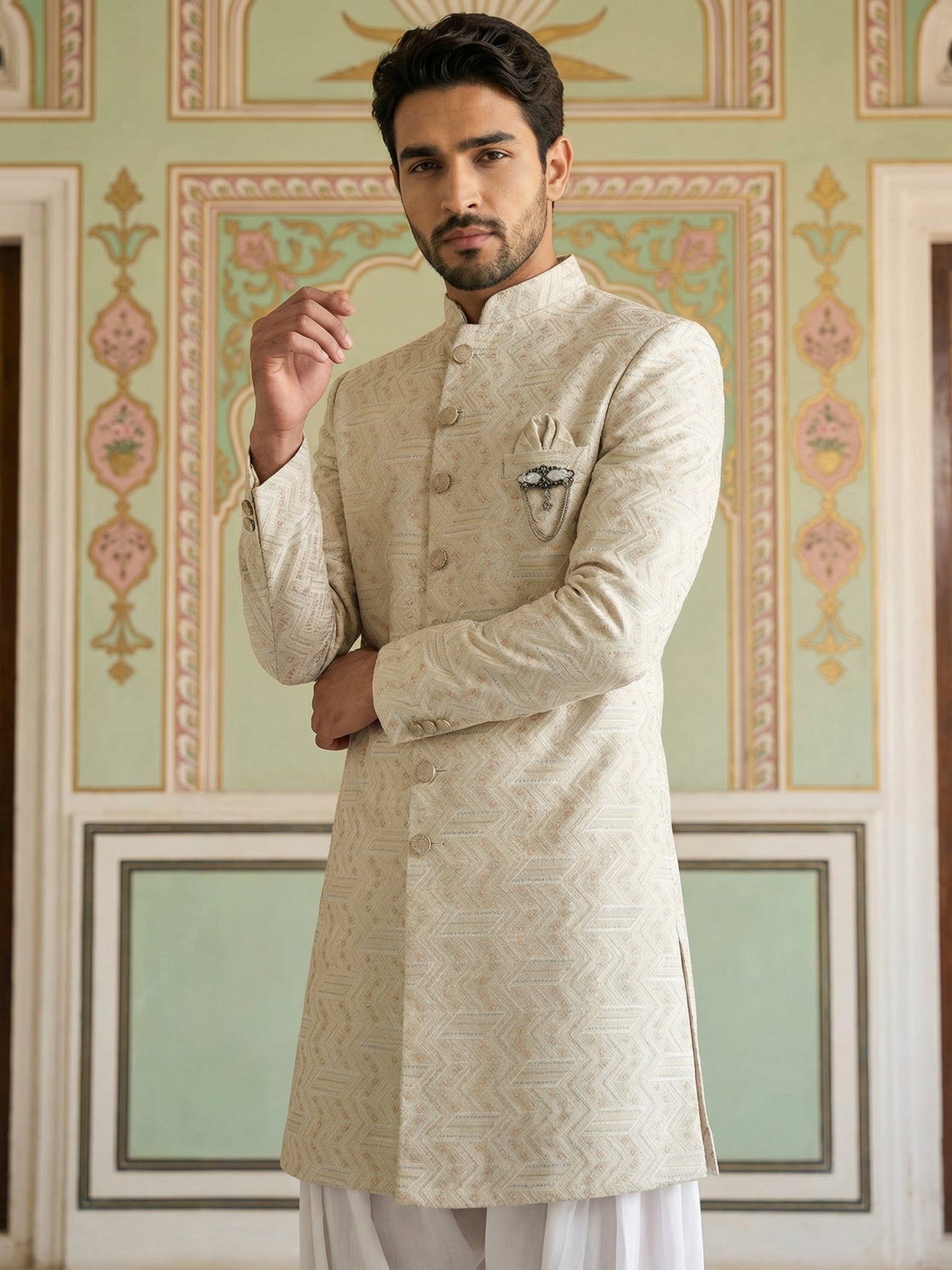 DesiQlo Men Embroidered Indo Western Set - Beige - 50JIND_S7W_137Cream