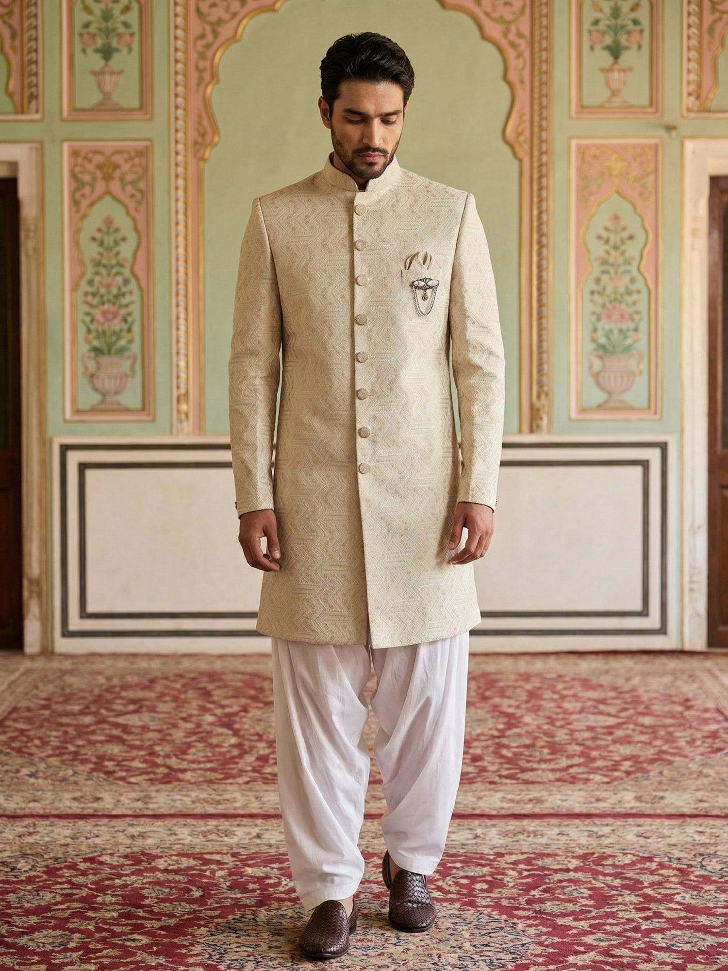 DesiQlo Men Embroidered Indo Western Set - Beige - 50JIND_S7W_137Cream
