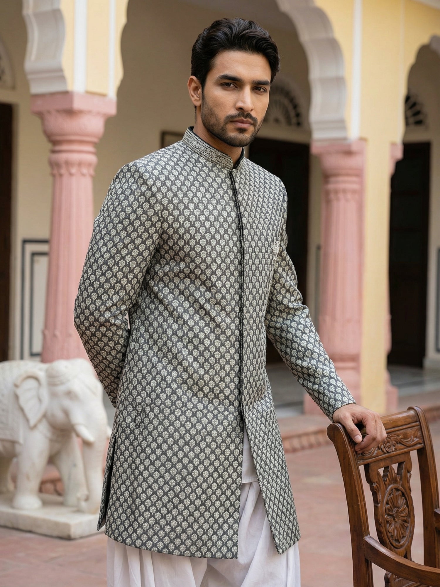 DesiQlo Men Embroidered Indo Western Set - Green - 50JIND_S7W_138Olive