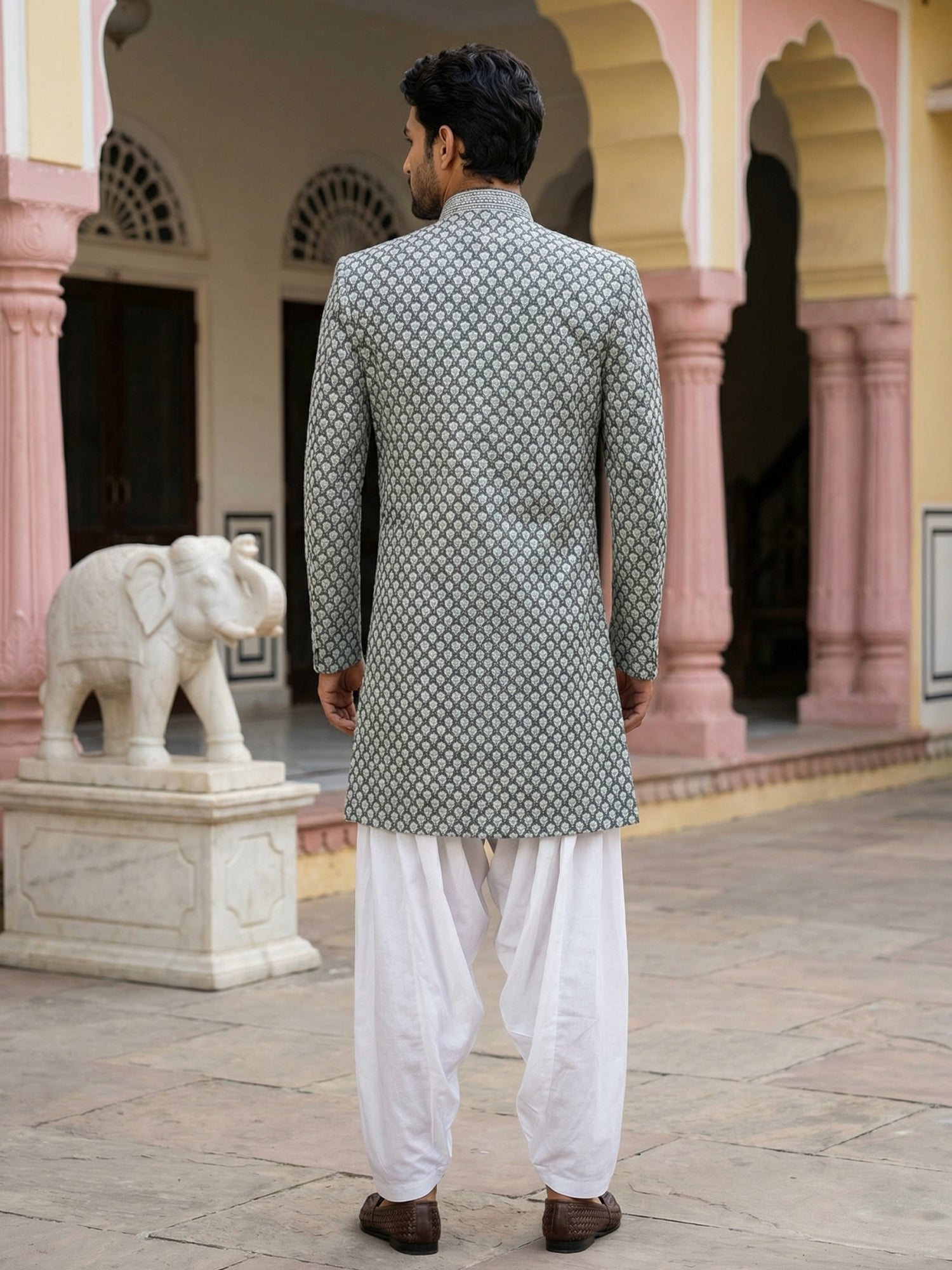 DesiQlo Men Embroidered Indo Western Set - Green - 50JIND_S7W_138Olive