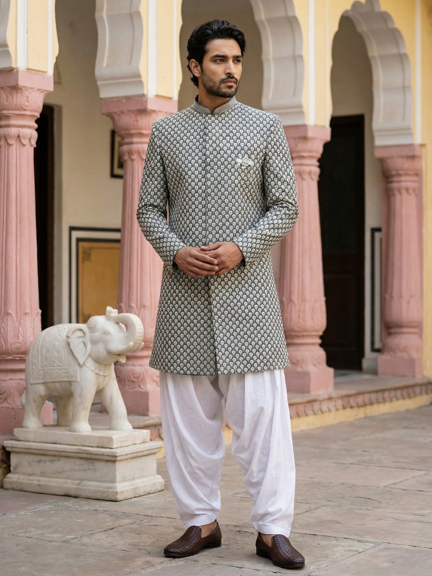 DesiQlo Men Embroidered Indo Western Set - Green - 50JIND_S7W_138Olive