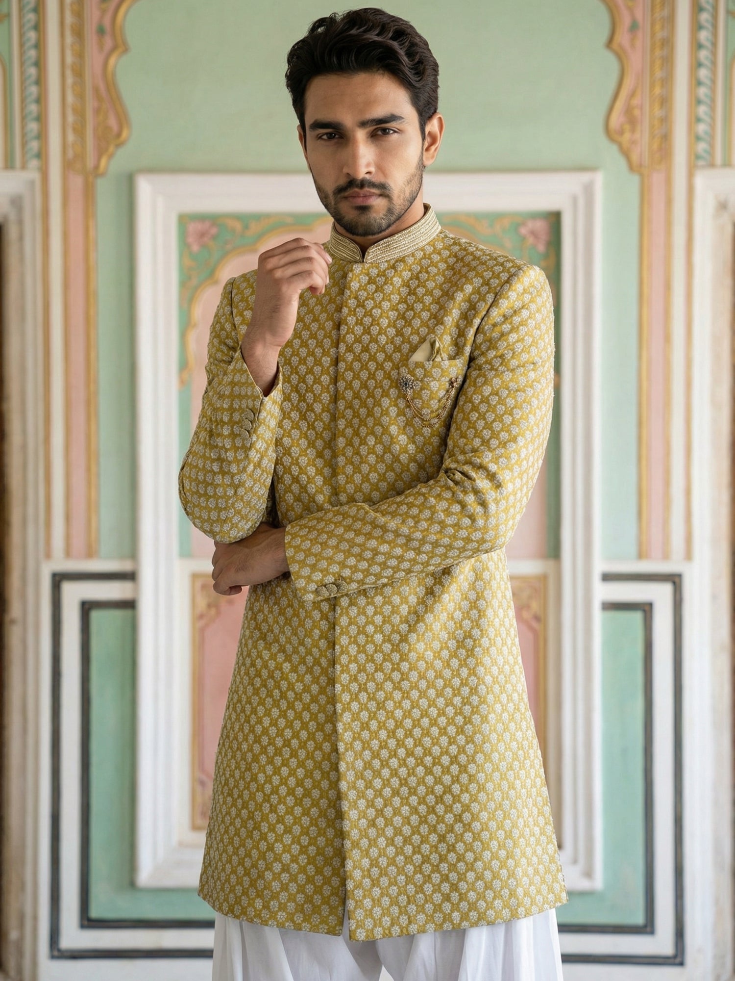 DesiQlo Men Embroidered Indo Western Set - Yellow - 50JIND_S7W_138Yell