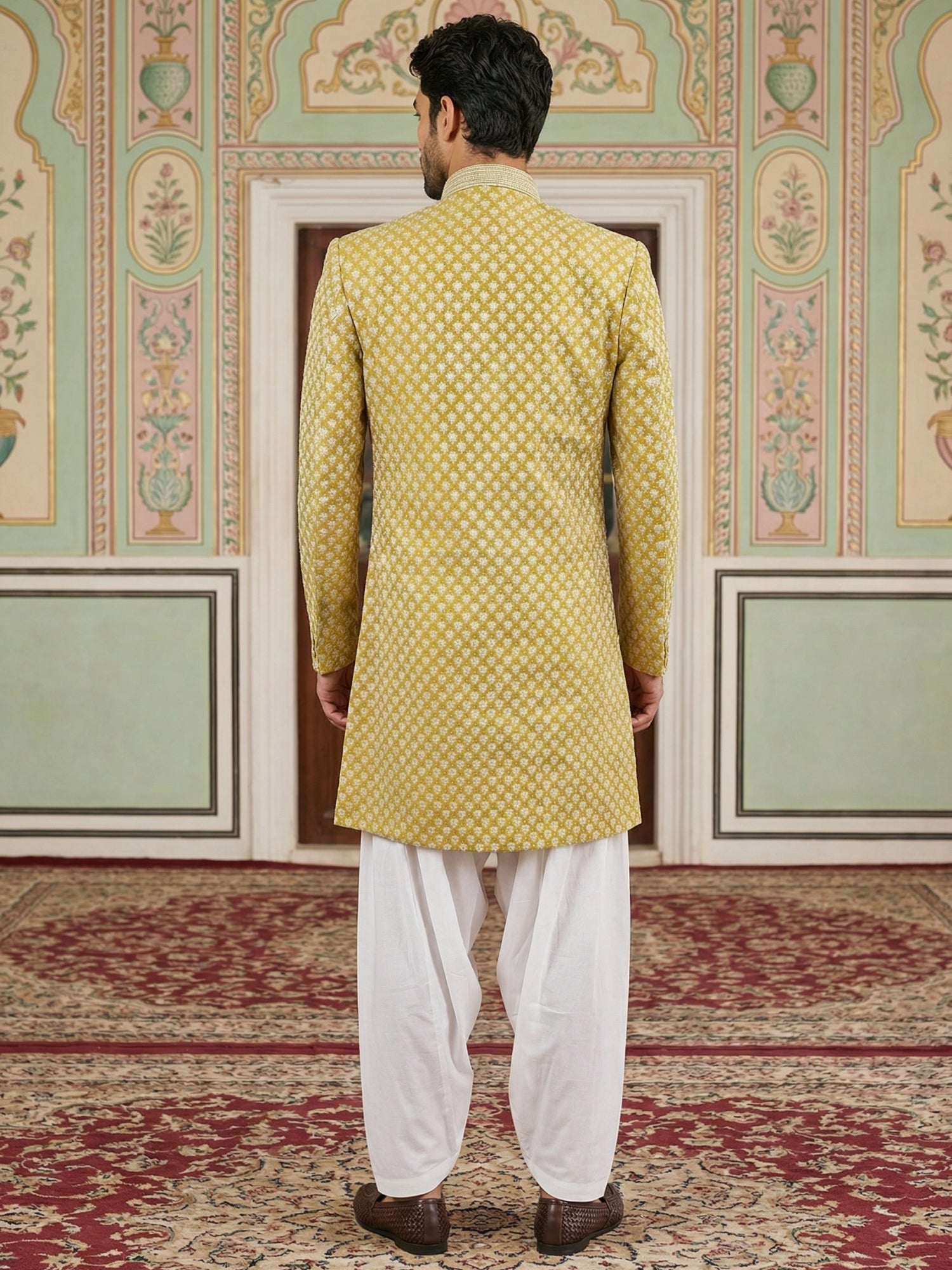 DesiQlo Men Embroidered Indo Western Set - Yellow - 50JIND_S7W_138Yell