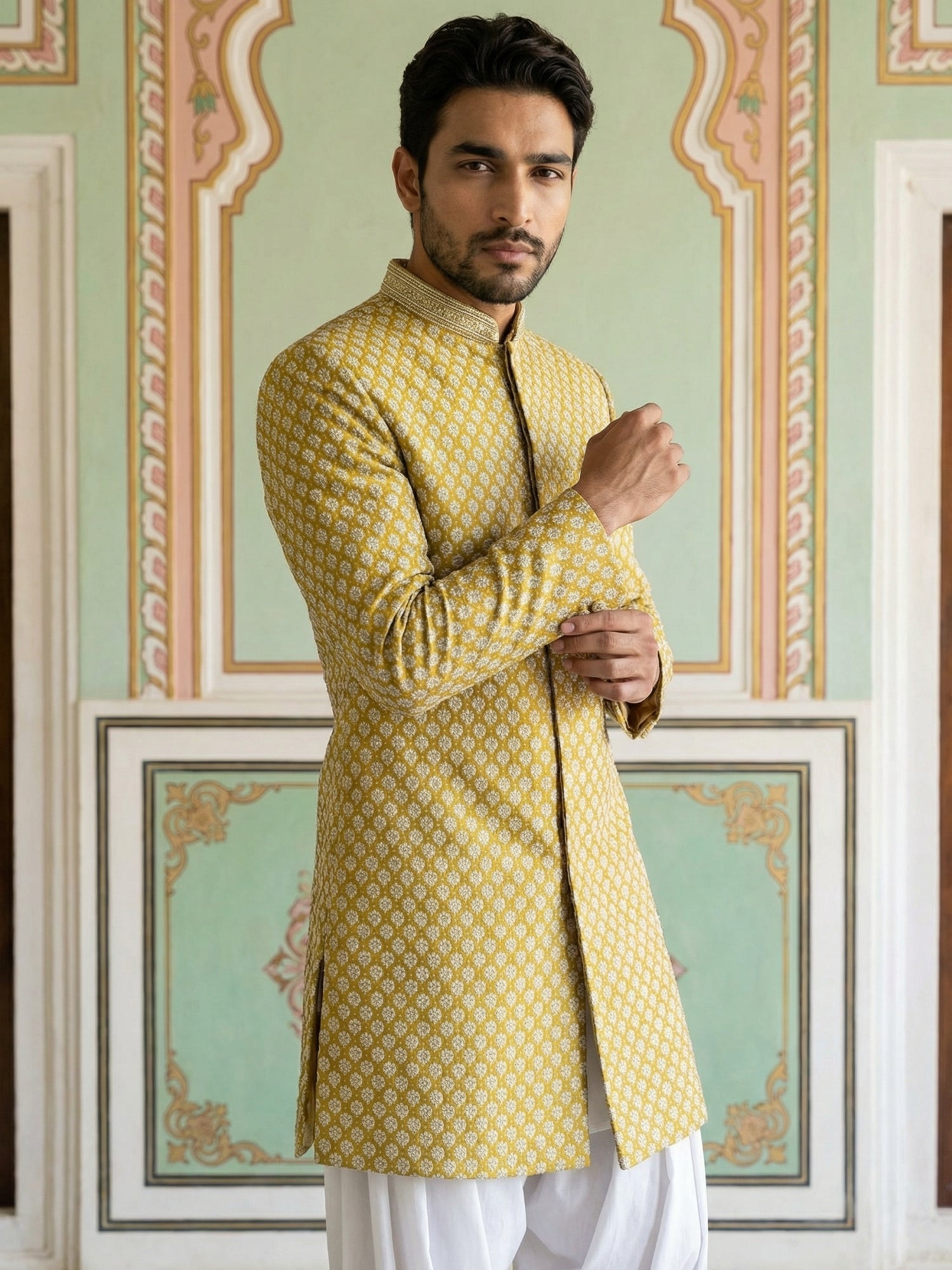 DesiQlo Men Embroidered Indo Western Set - Yellow - 50JIND_S7W_138Yell