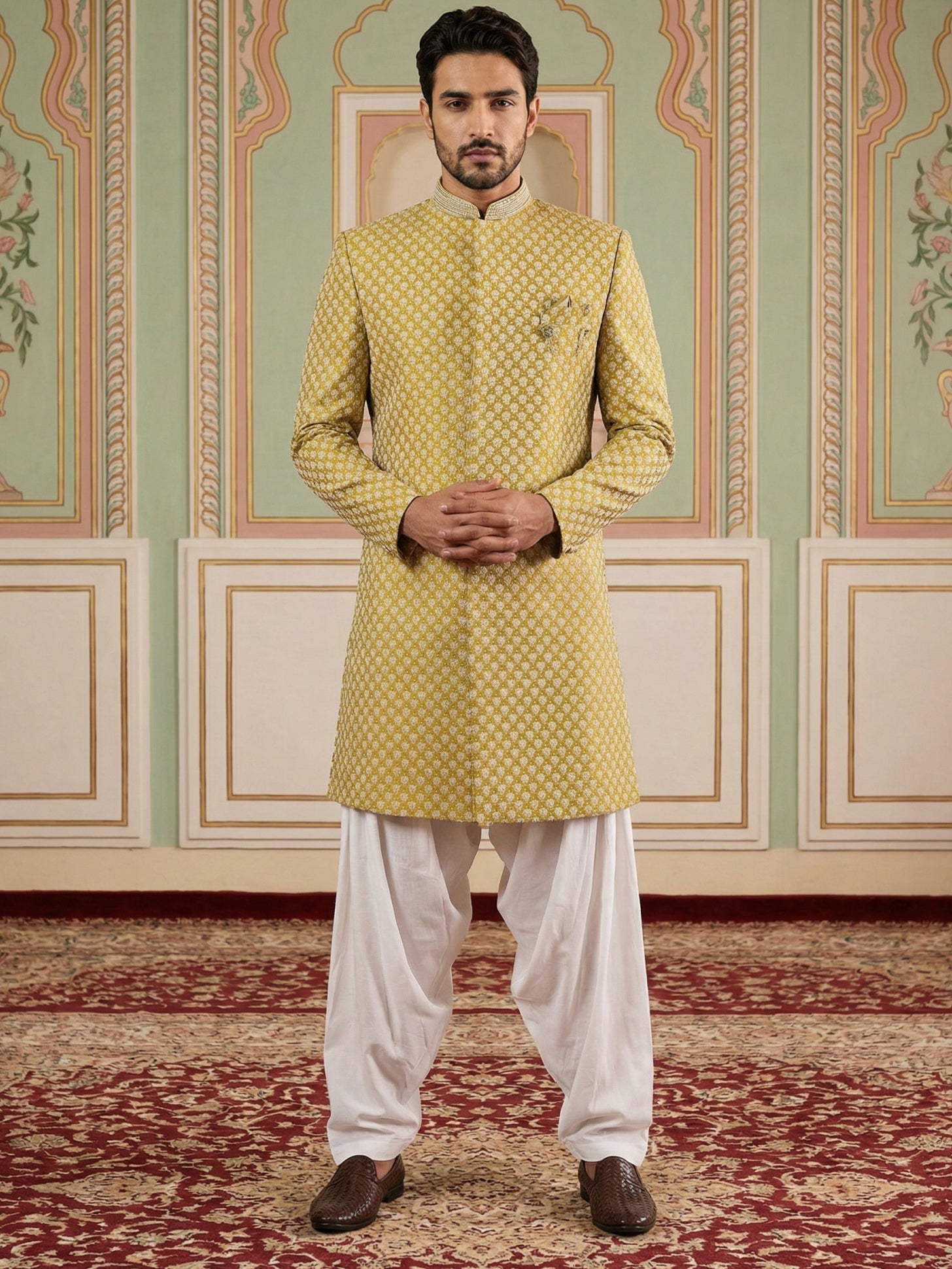 DesiQlo Men Embroidered Indo Western Set - Yellow - 50JIND_S7W_138Yell