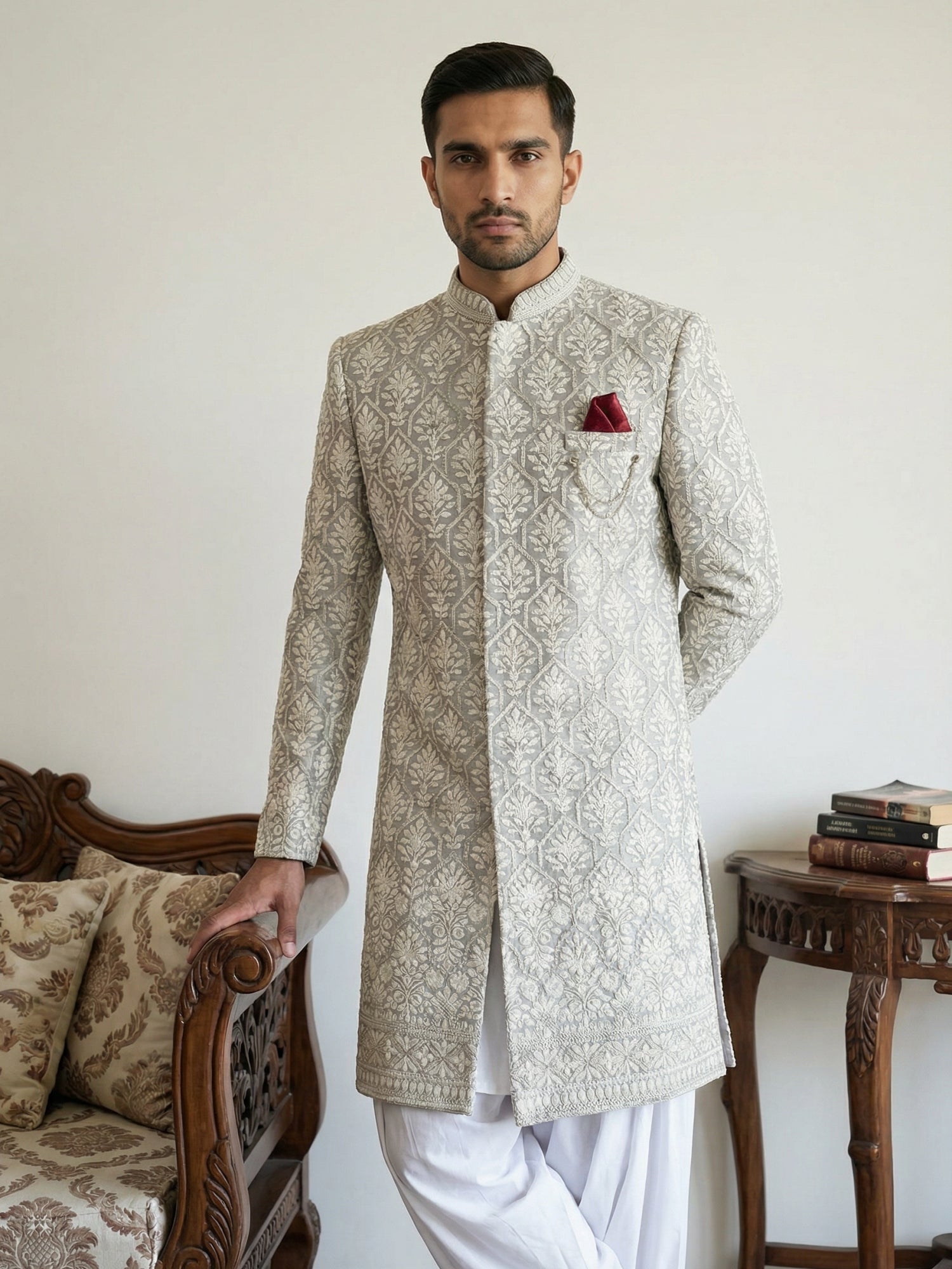 DesiQlo Men Embroidered Indo Western Set - Grey - 50JIND_S7W_149Grey_S