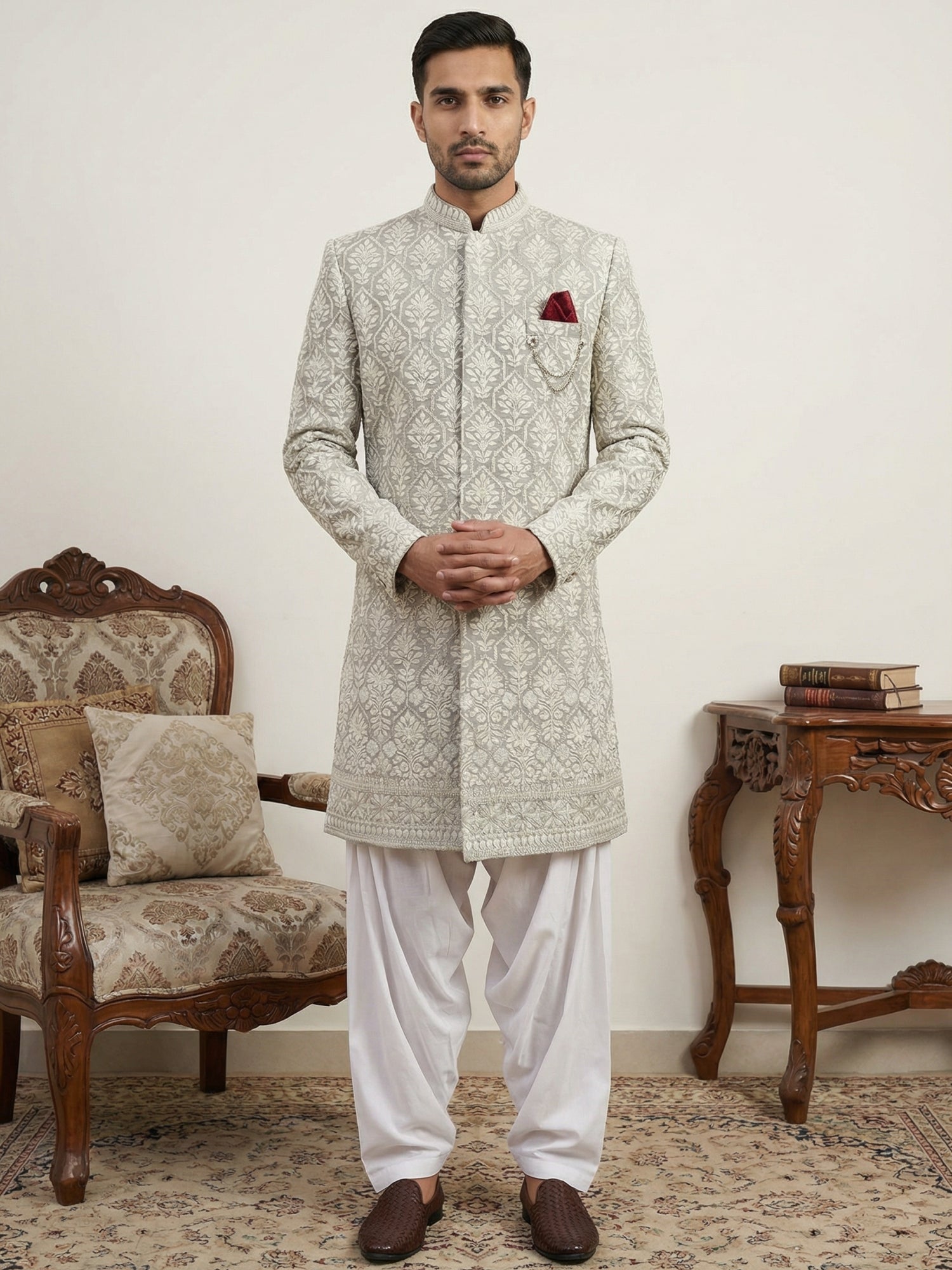DesiQlo Men Embroidered Indo Western Set - Grey - 50JIND_S7W_149Grey_S