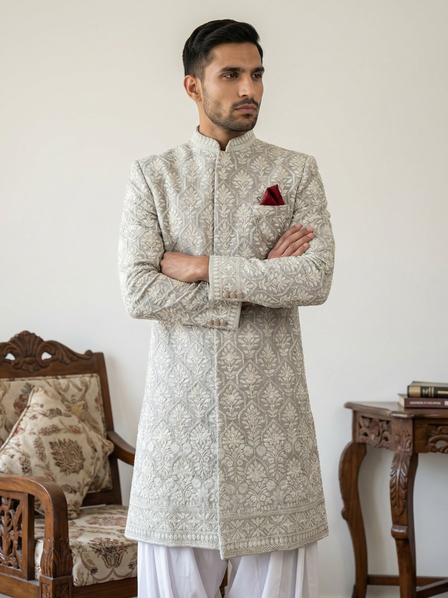 DesiQlo Men Embroidered Indo Western Set - Grey - 50JIND_S7W_149Grey_S