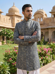 Men’s Woven Silk Jacquard Indo-Western Set ( 50JIND S7W 164Grey S )