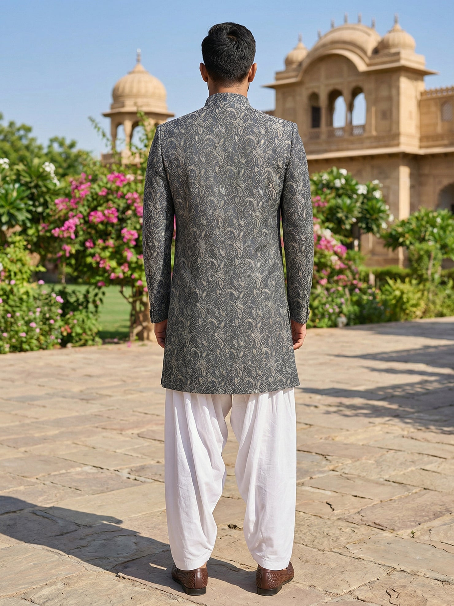 DesiQlo Men Self Design Indo Western Set - Grey - 50JIND_S7W_164Grey_S