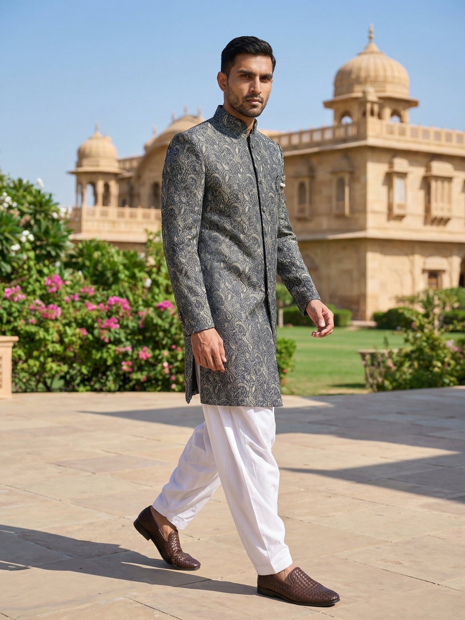 DesiQlo Men Self Design Indo Western Set - Grey - 50JIND_S7W_164Grey_S