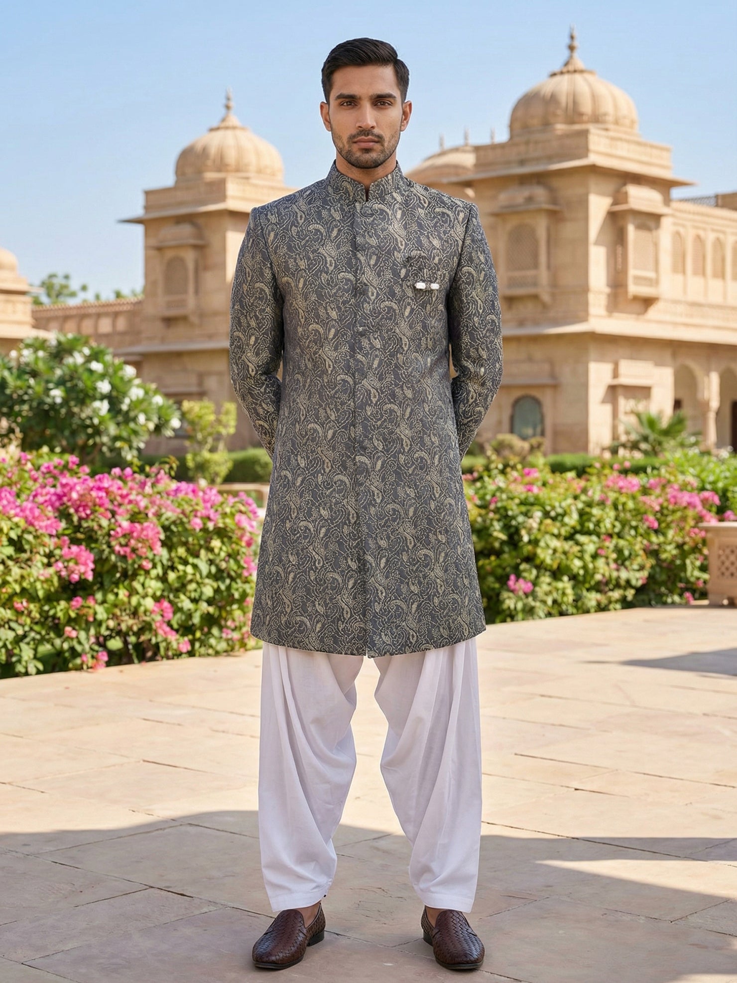 DesiQlo Men Self Design Indo Western Set - Grey - 50JIND_S7W_164Grey_S