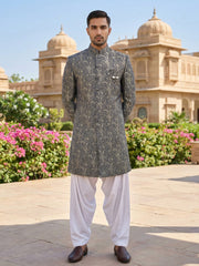 Men’s Woven Silk Jacquard Indo-Western Set ( 50JIND S7W 164Grey S )