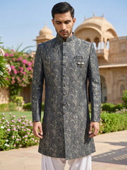 Men’s Woven Silk Jacquard Indo-Western Set ( 50JIND S7W 164Grey S )