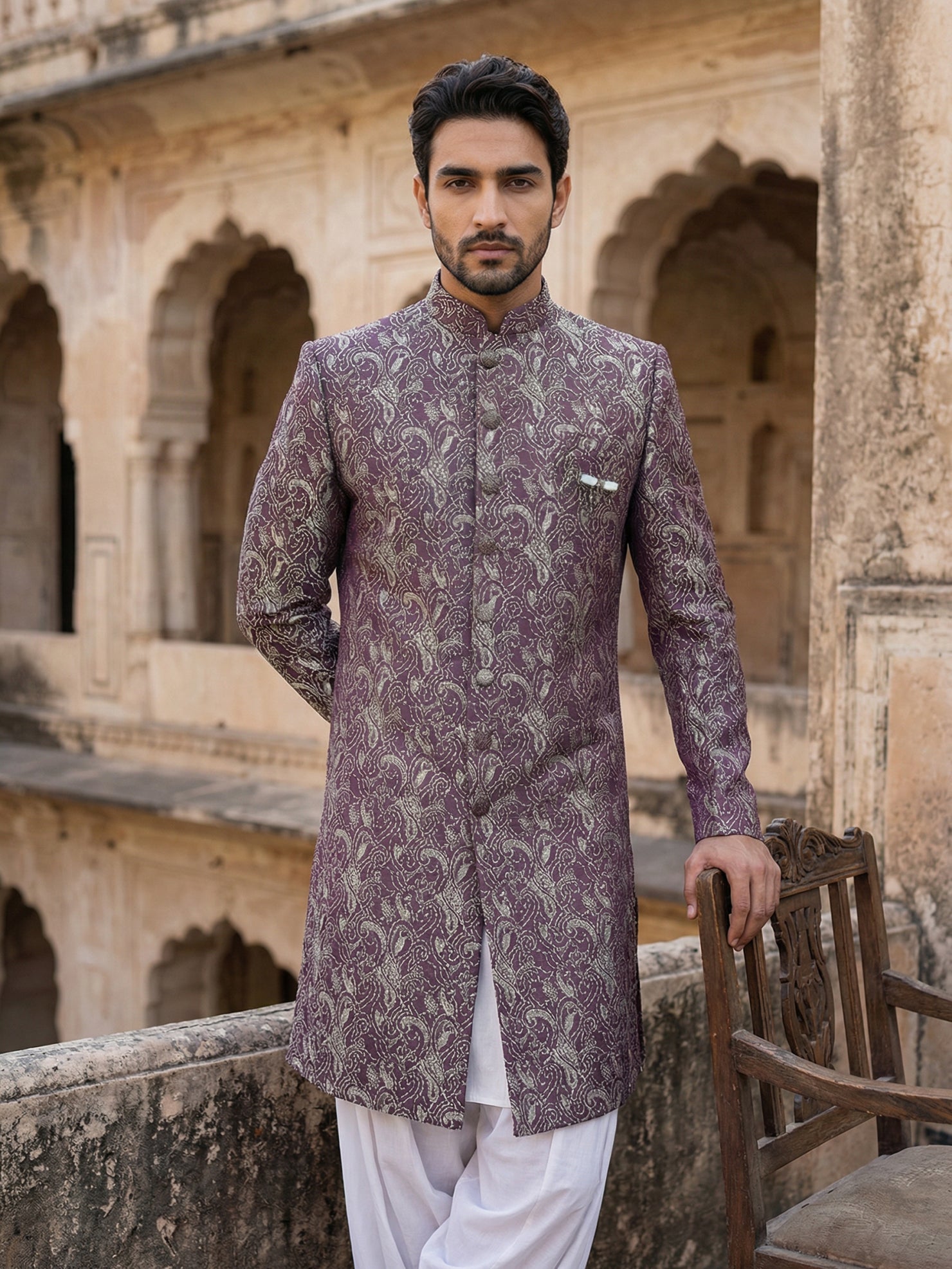 DesiQlo Men Self Design Indo Western Set - Maroon - 50JIND_S7W_164Maro