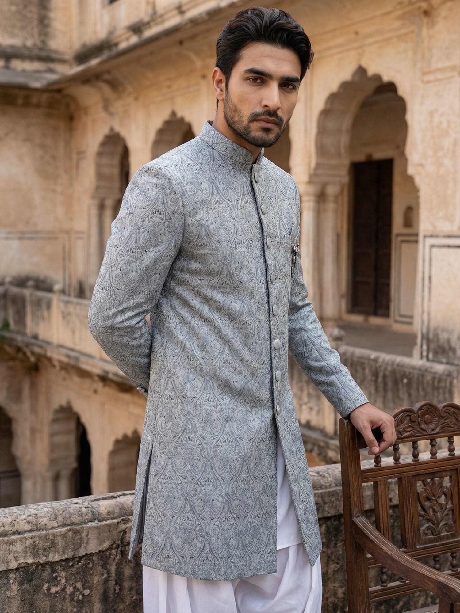 DesiQlo Men Self Design Indo Western Set - Grey - 50JIND_S7W_168Grey_S
