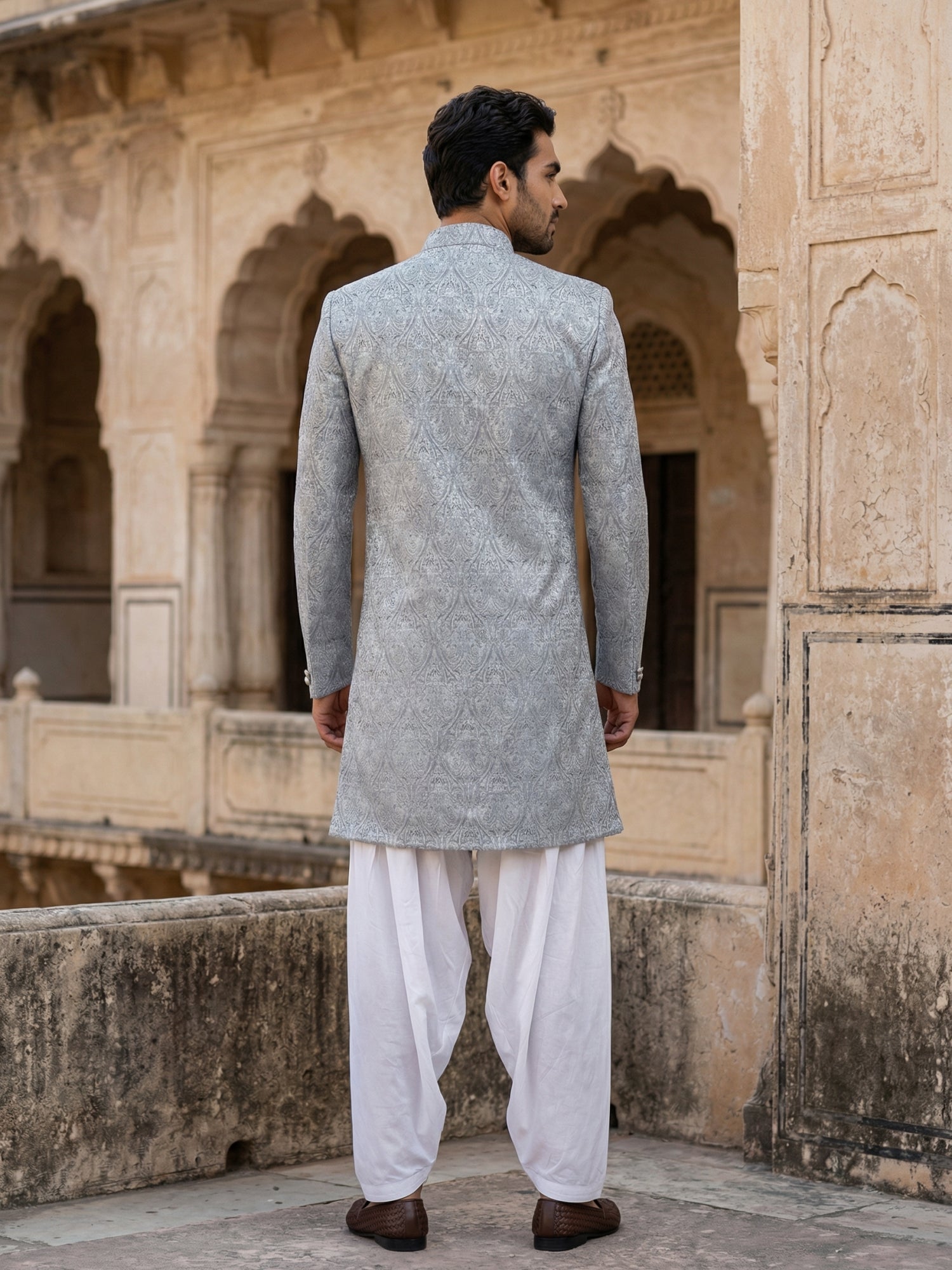 DesiQlo Men Self Design Indo Western Set - Grey - 50JIND_S7W_168Grey_S